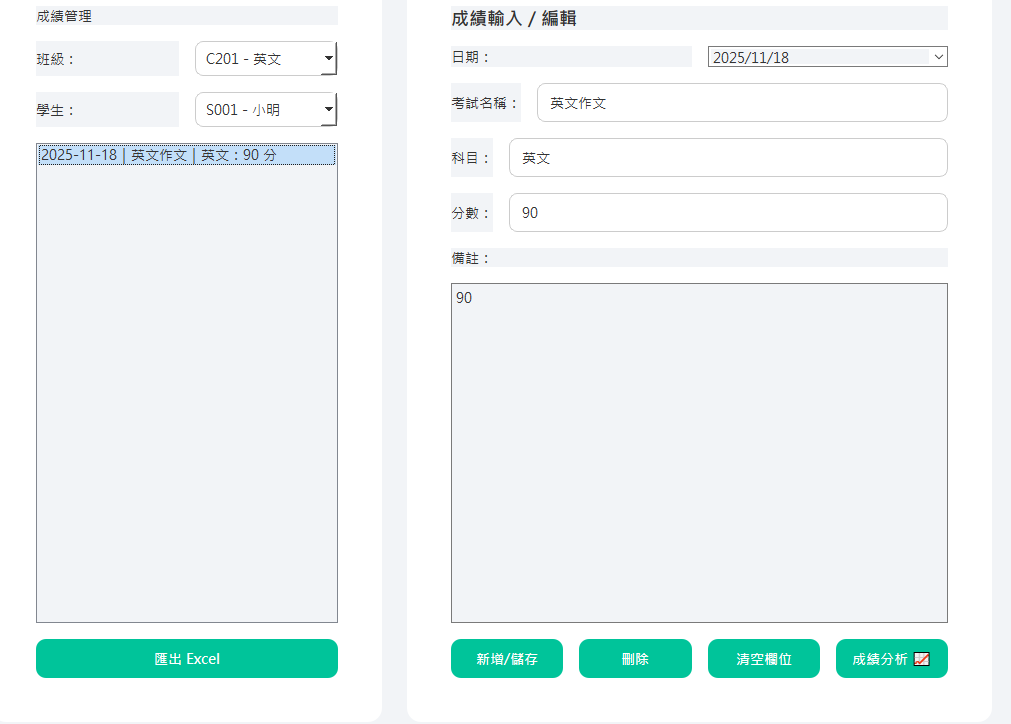成績管理畫面